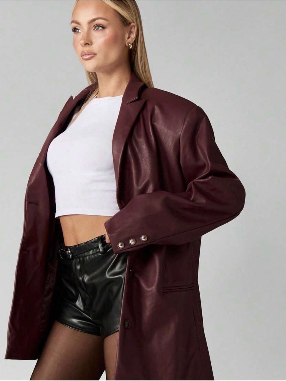 Missguided Oversized Burgundy Faux Leather Blazer